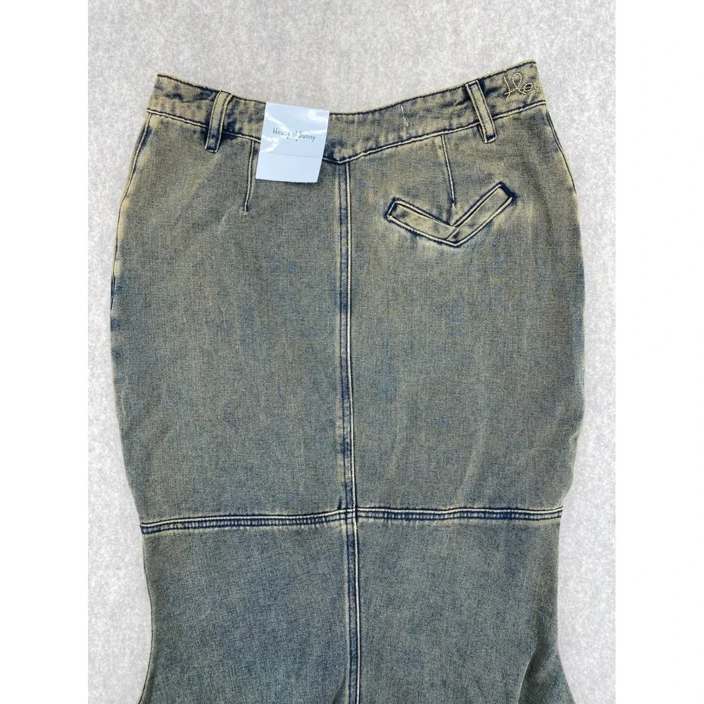 House of Sunny Law of Attraction Denim Mermaid Skirt Acid Wash Yellow Blue Maxi